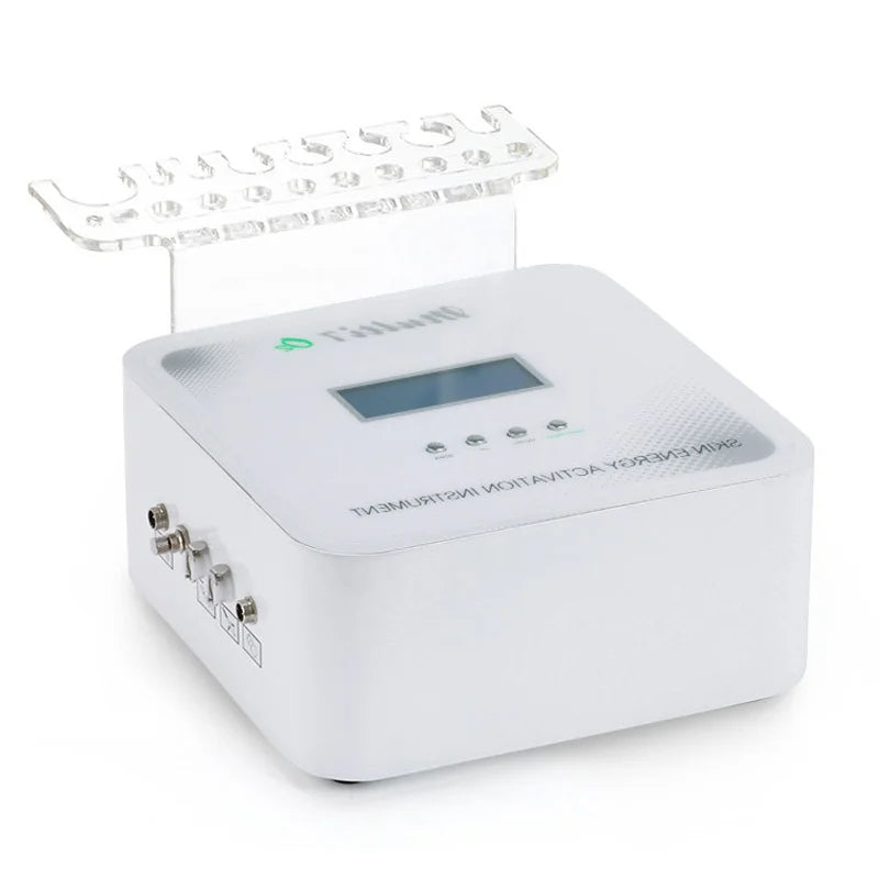 White 7-in-1 multifunctional hydro ultrasonic RF facial machine with digital display and probe holder stand.