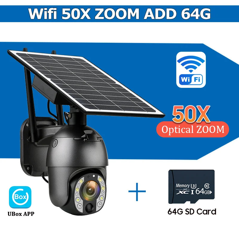 50X Optical Zoom Solar Camera Replaceable Battery 4G SIM/Wifi Home Outdoor Security PTZ Motion Detection/Track Surveillance Cam