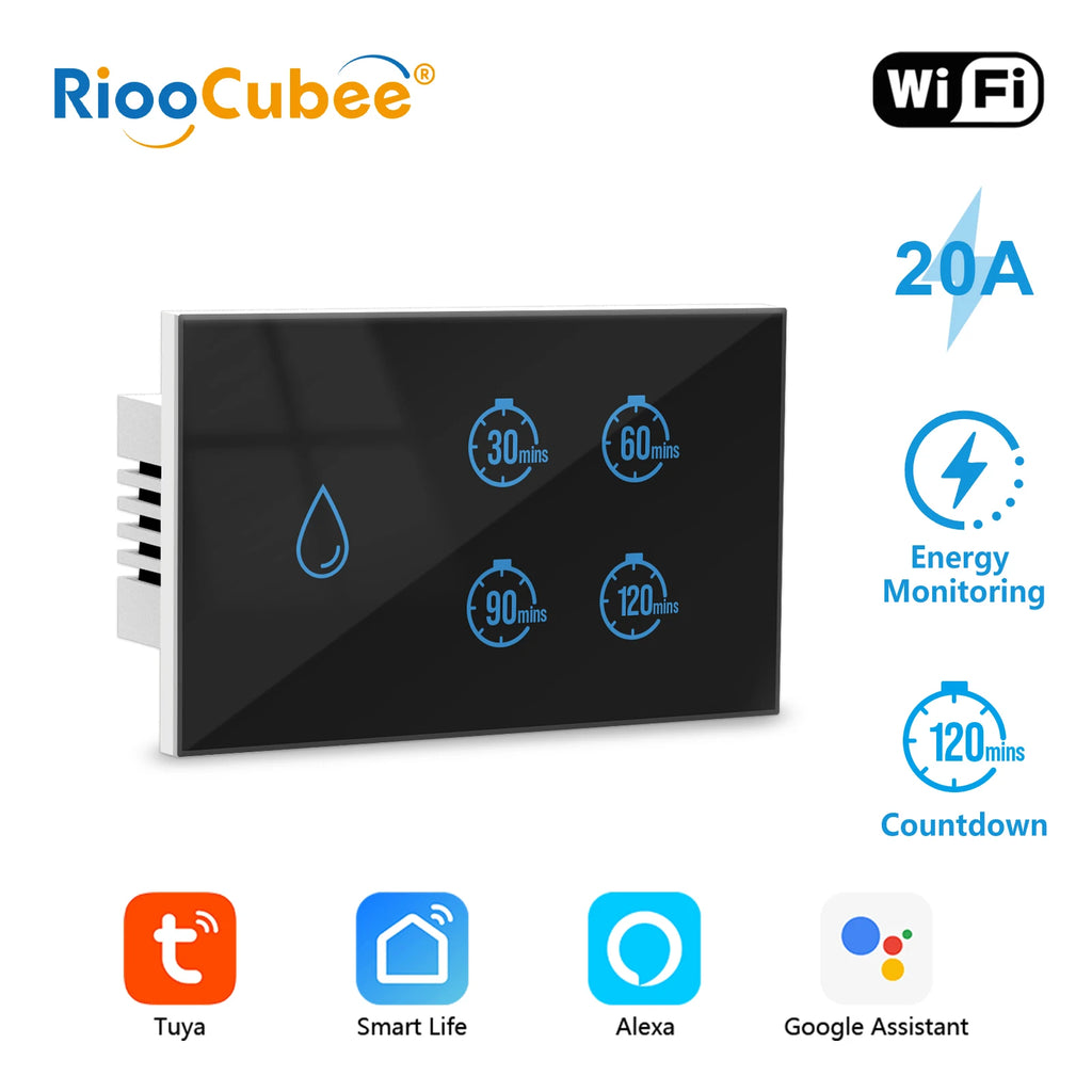 RiooCubee Tuya Smart Life 20A Boiler Water Heater Touch Panel Switch Countdown Remote Control Timer Google Assistant Alexa