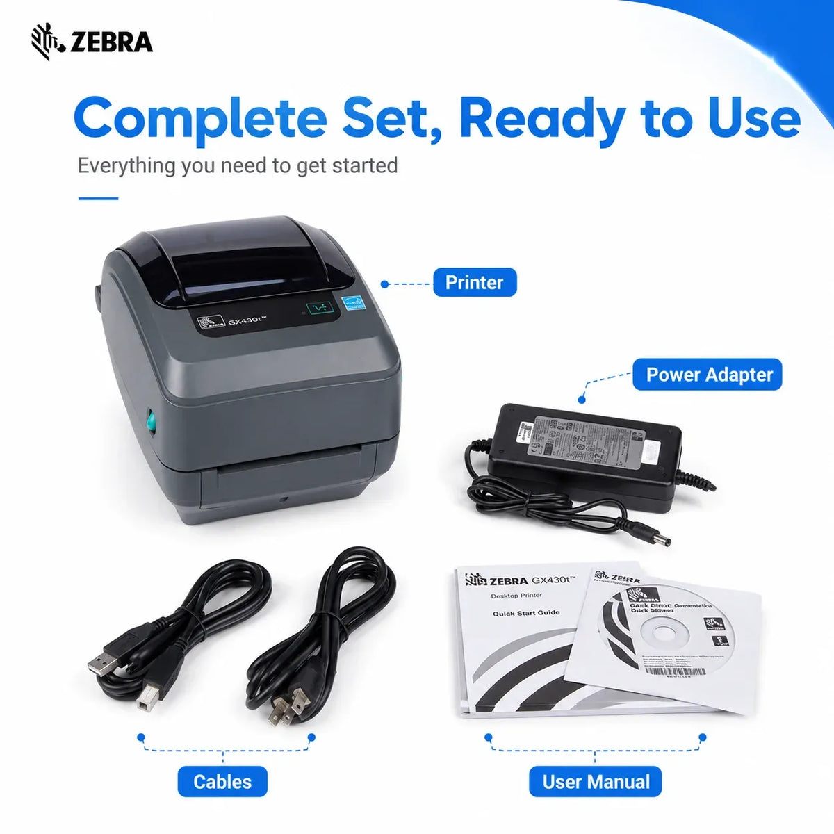 Zebra GX430T label printer kit with power adapter, cables, and user manual