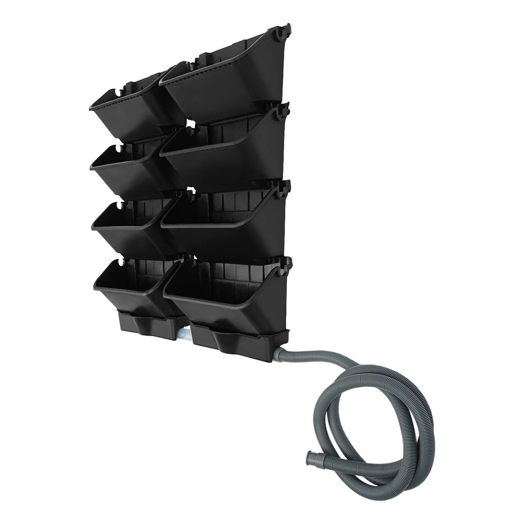 Black vertical wall planter set with six stacked pots and gray hanging hose