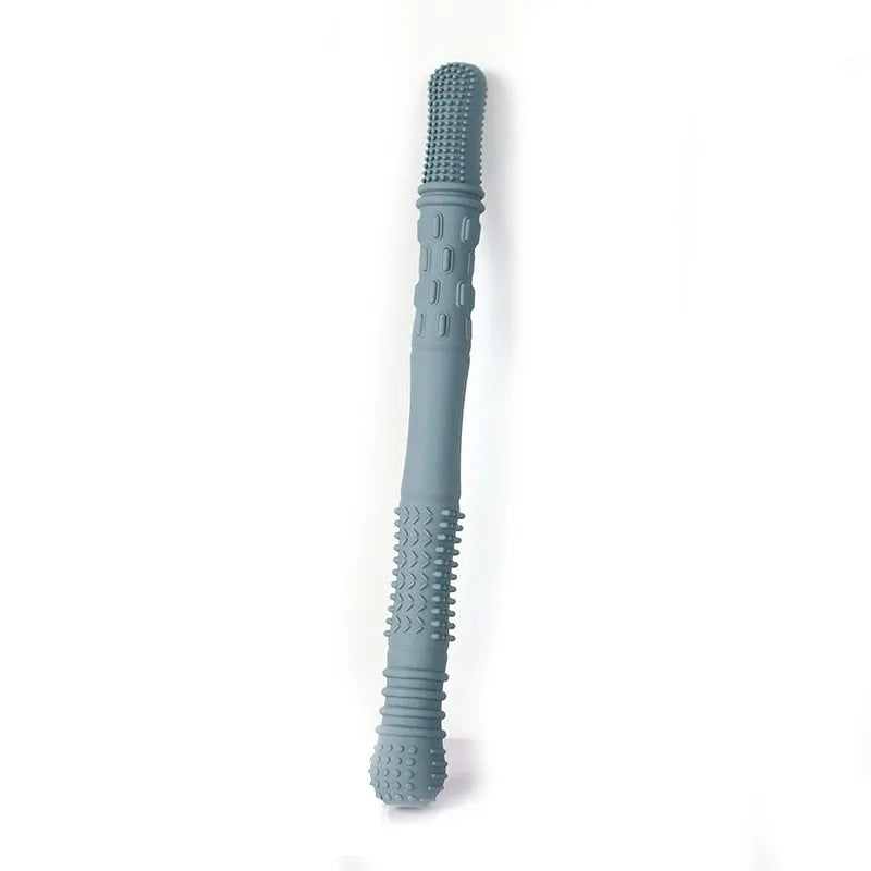 Blue silicone baby teething toy stick for soothing sore gums and easy grasping.