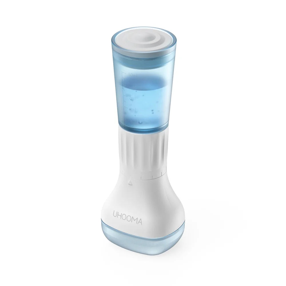 S2 140-pin derma stamp microneedle tool with serum container for hair regrowth and facial skincare, white and blue.