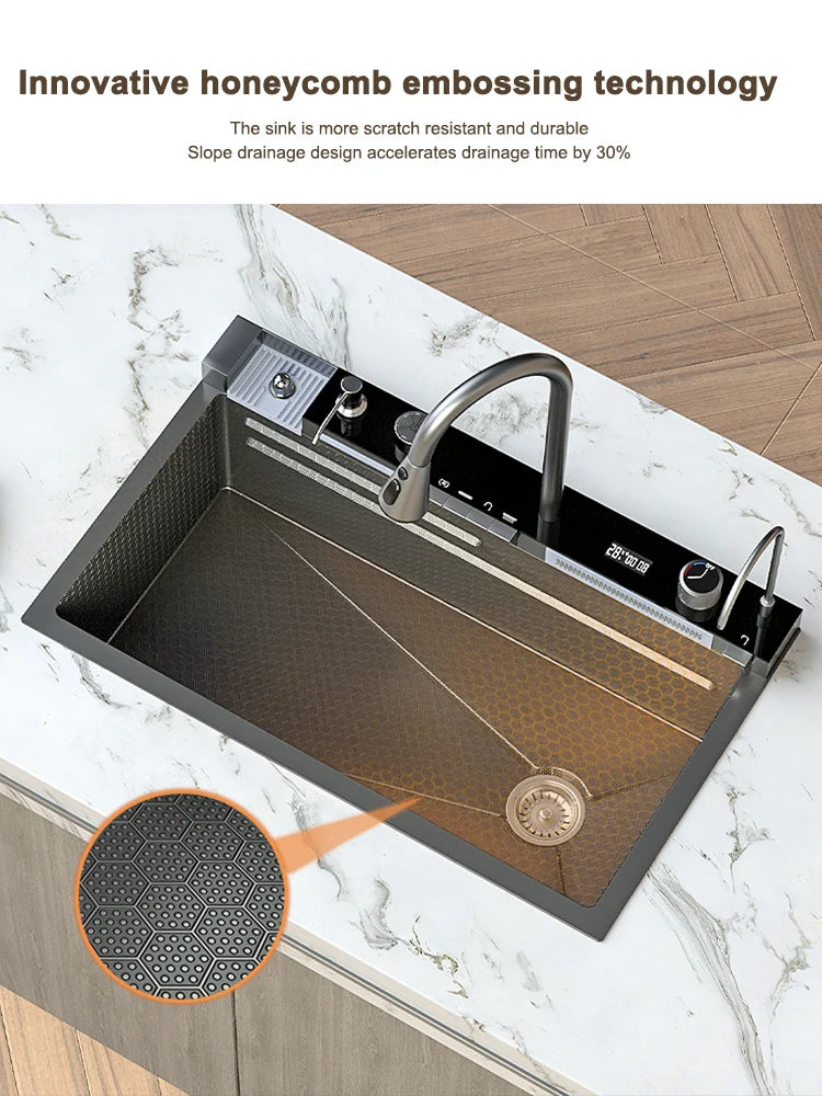 Stainless Steel Kitchen Sink Large Single Slot Multifunctional Waterfall Digital Display Faucet Wash Dish Bowl Undermount Basin