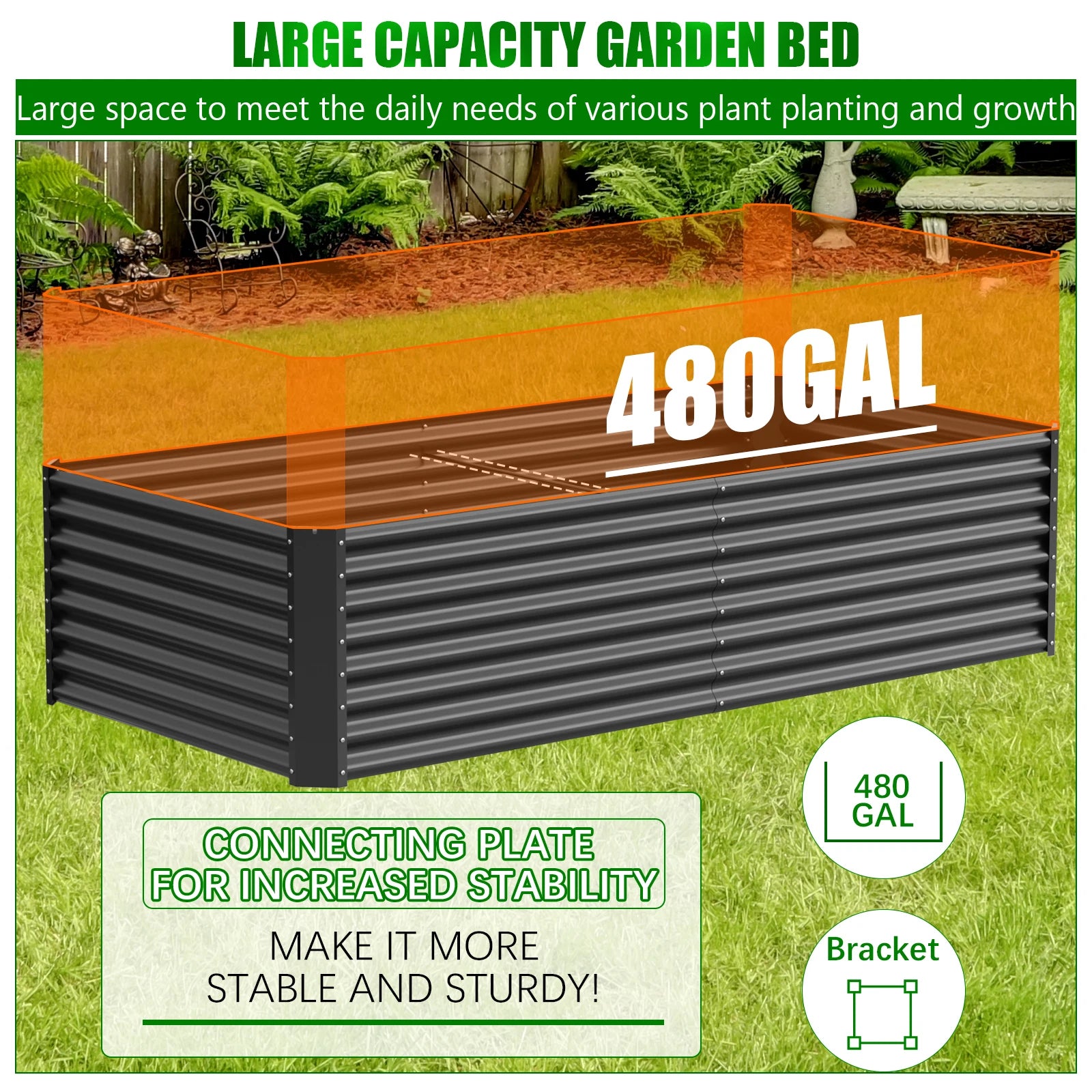 Galvanized metal raised vegetable tray, 240/gallons, open base, rustproof corrugated steel for vegetables, herbs and flowers, quick assembly in 10 minutes for outdoor gardening, patio and yard.