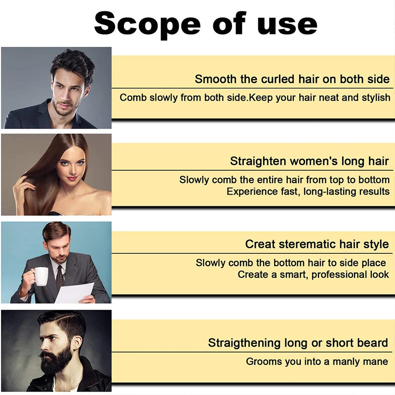 Portable electric beard straightener and hair comb, demonstrating styles for men's beards and women's long hair.