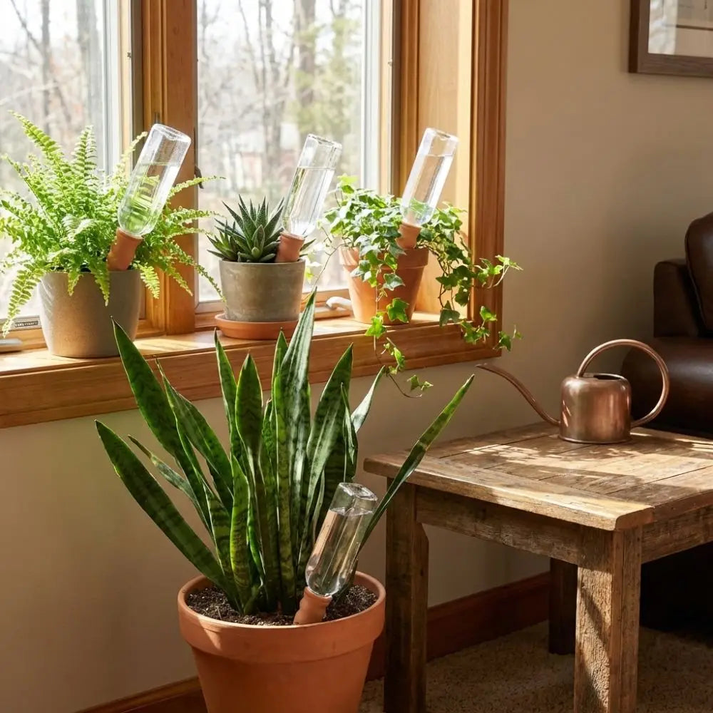 Multiple terracotta irrigation stakes with clear tubes, installed across potted plants