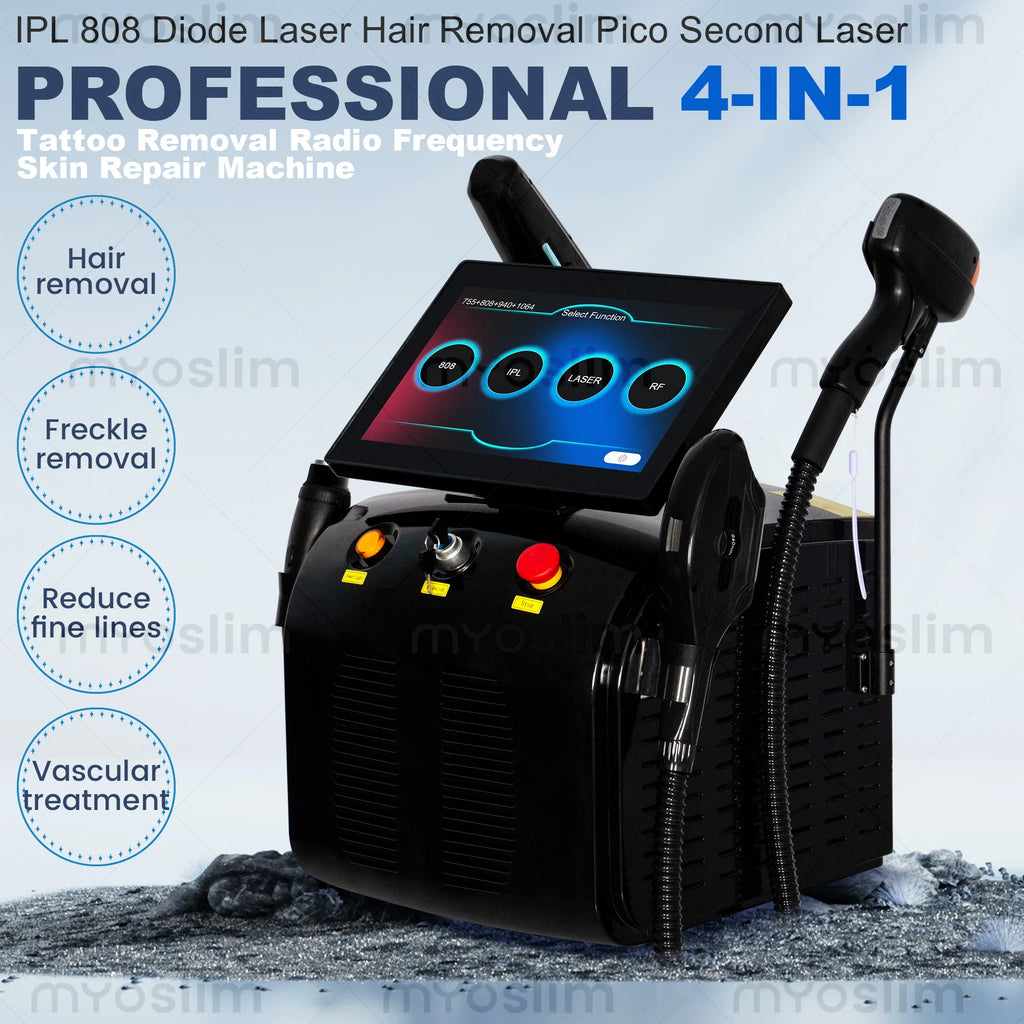 Tidesmit 4-in-1 Ice Platinum Laser Hair Removal machine featuring 755 808 940 1064nm wavelength handpiece side view
