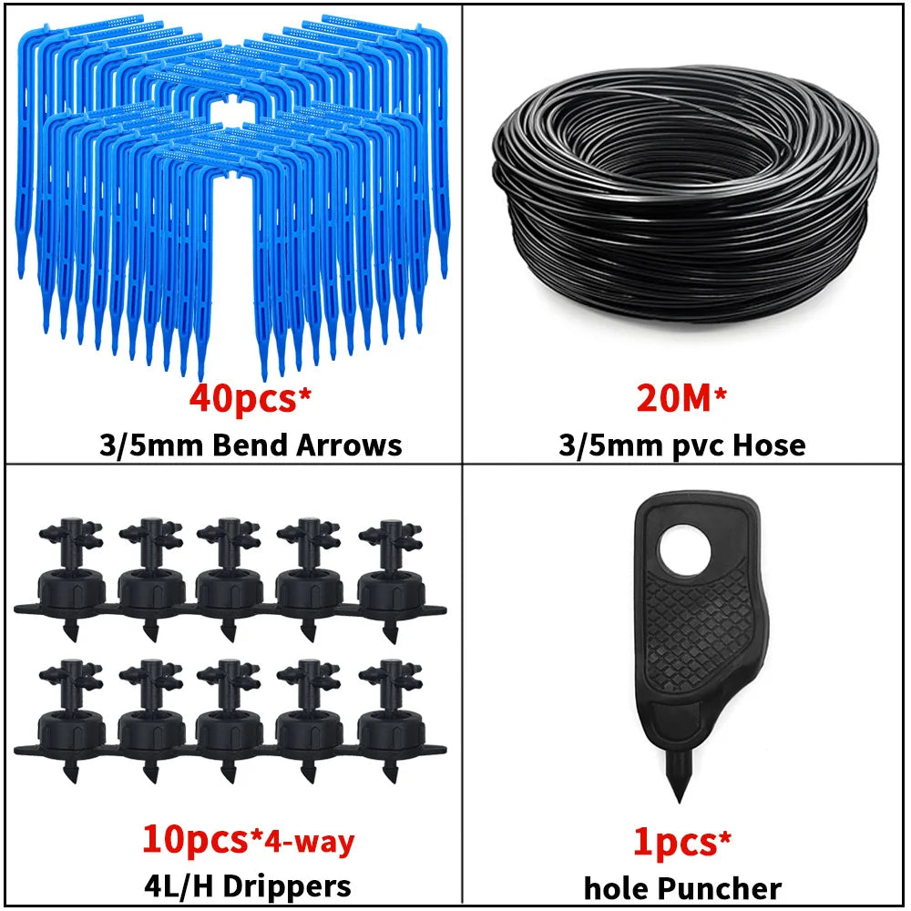 Black-and-blue drip irrigation kit with arrow stakes, 3/5mm hose coil, and hole punch