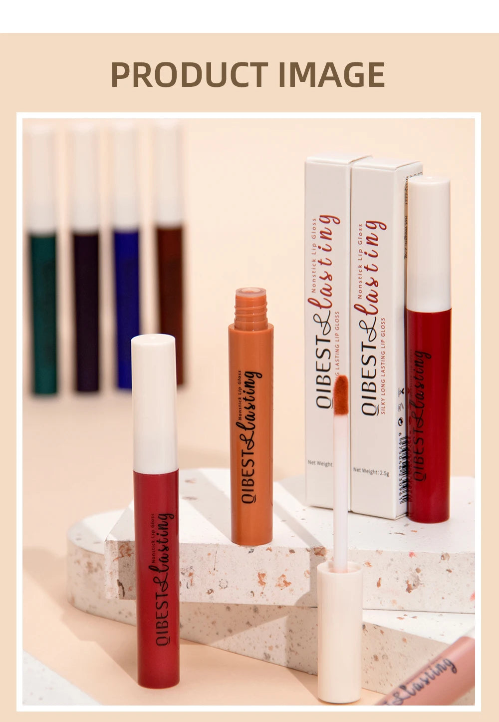 Long-lasting matte liquid lipstick and velvet lip stain in red and nude shades with applicator on stone display.