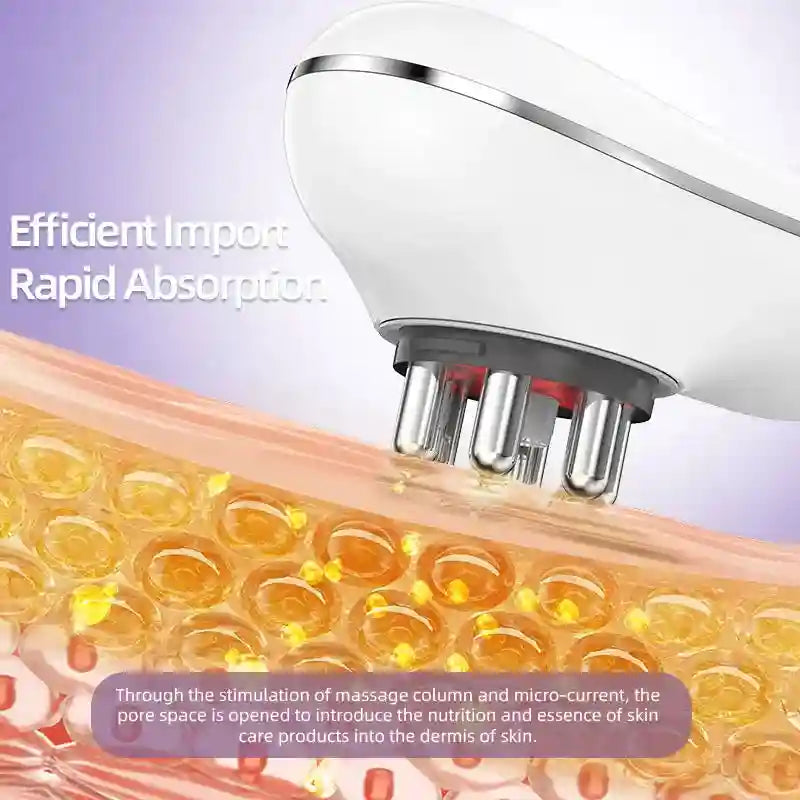 White, oval-shaped beauty device with metal contact nodes massaging skin to improve serum absorption.