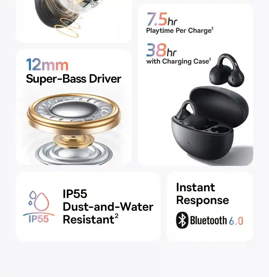 Wireless Earbuds Open-Ear Sports Clip-On - Bluetooth 5.3 Low Latency Black Tidesmit