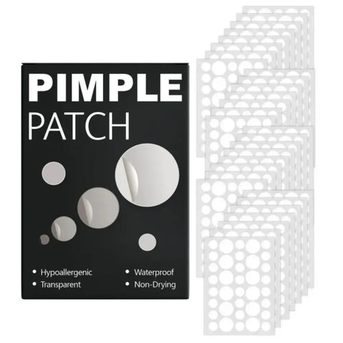 Transparent acne patch package labeled PIMPLE PATCH with multiple round patch icons