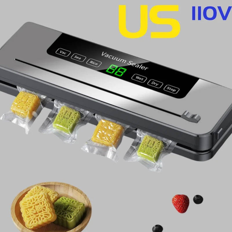 Grey vacuum sealer with green LED display and sealing mode buttons