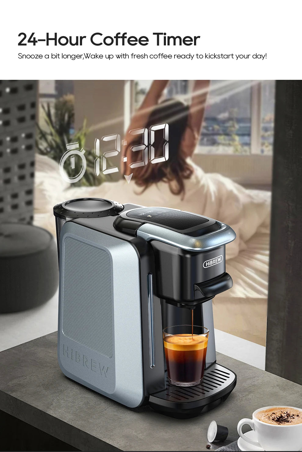 HiBREW coffee maker in metallic blue and black with 24-hour programmable timer, brewing fresh espresso into a glass.