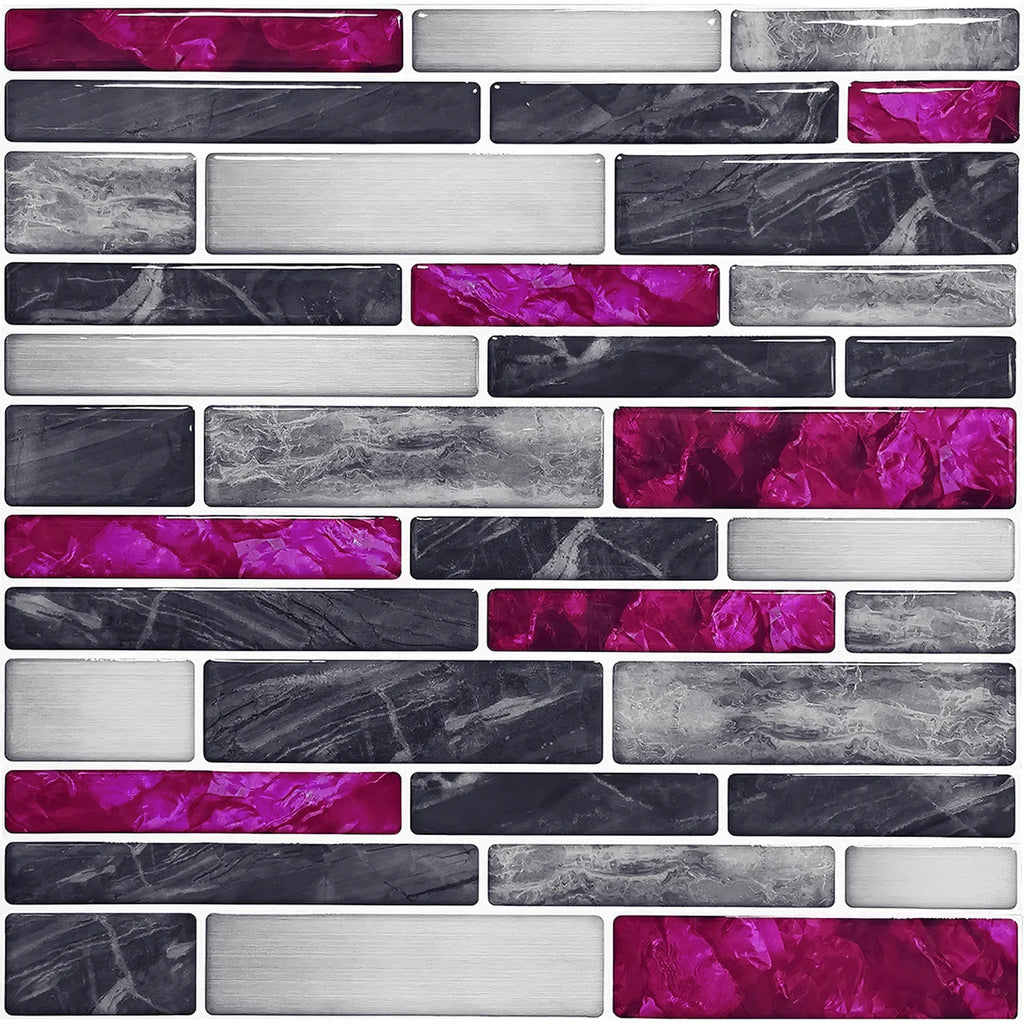 Self-adhesive 3D brick tile sticker sheet, gray marble with magenta purple and black