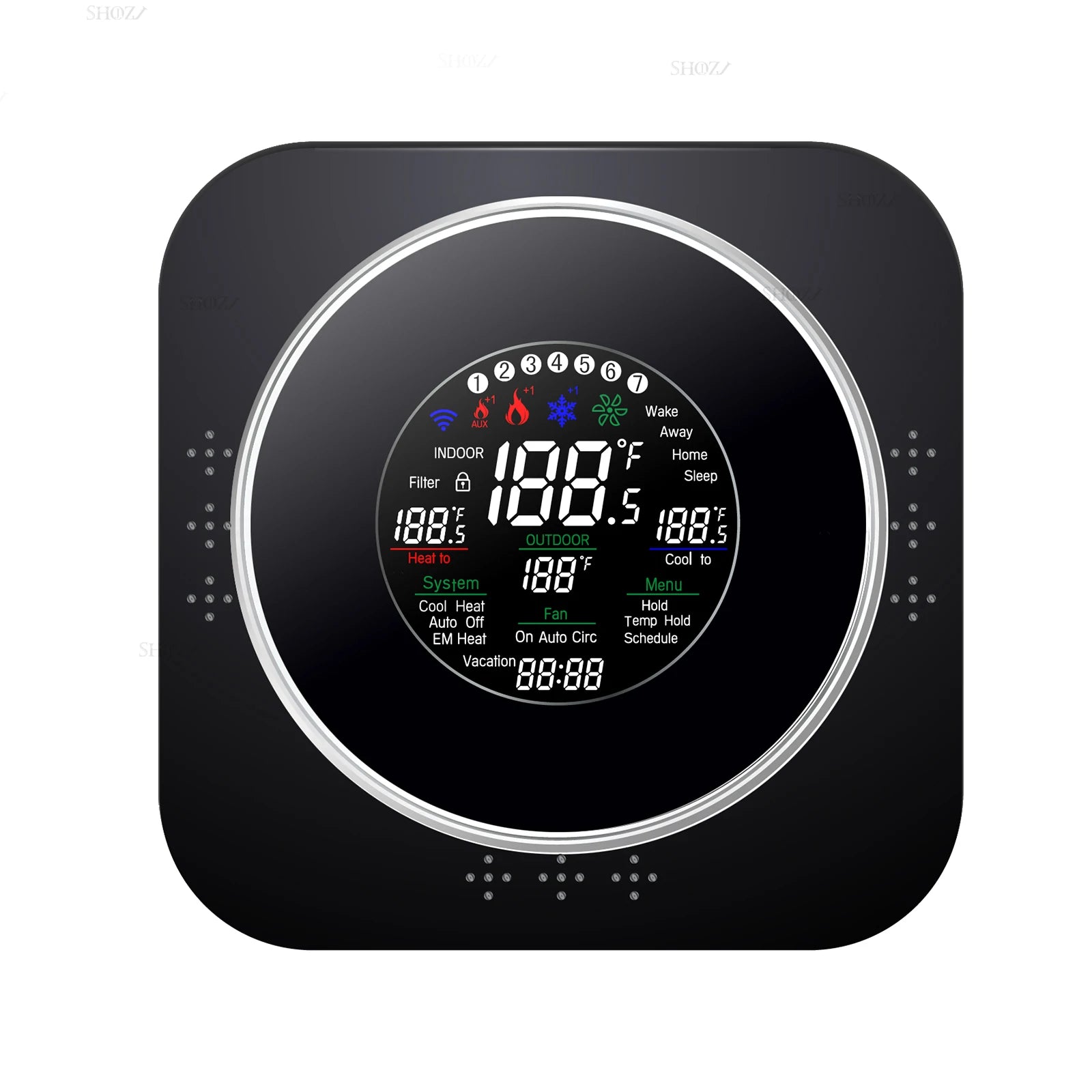 Black air source heat pump thermostat with circular display, status icons, and controls