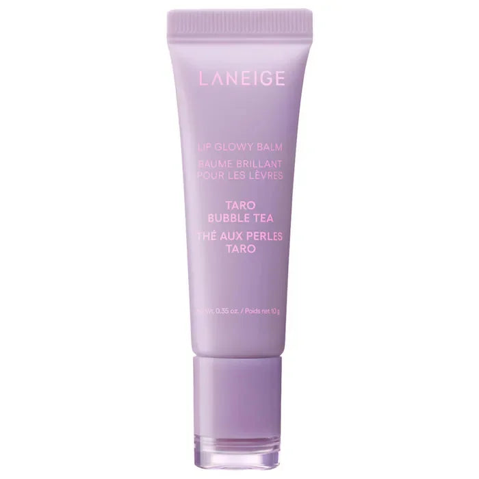 Laneige Lip Glowy Balm in Taro Bubble Tea, a hydrating, smoothing purple lip moisturizer in a squeeze tube.
