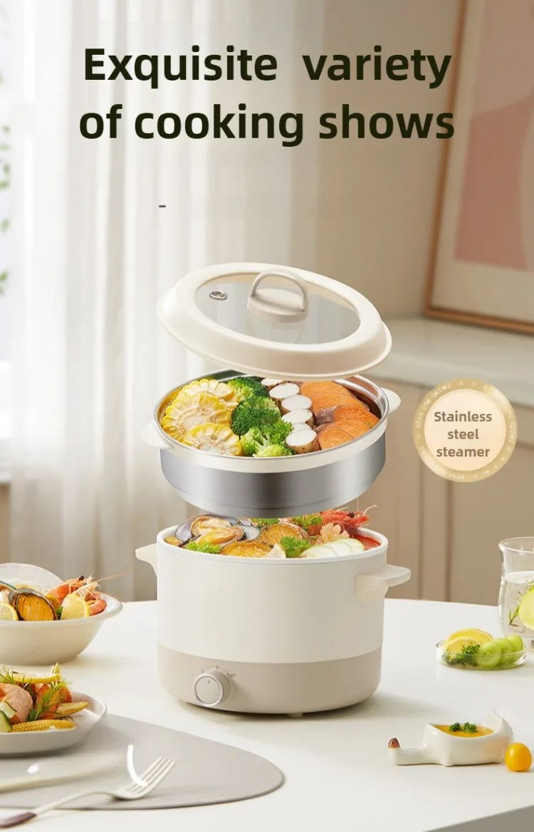 White electric multi cooker steamer with stacked pot insert and transparent lid handle