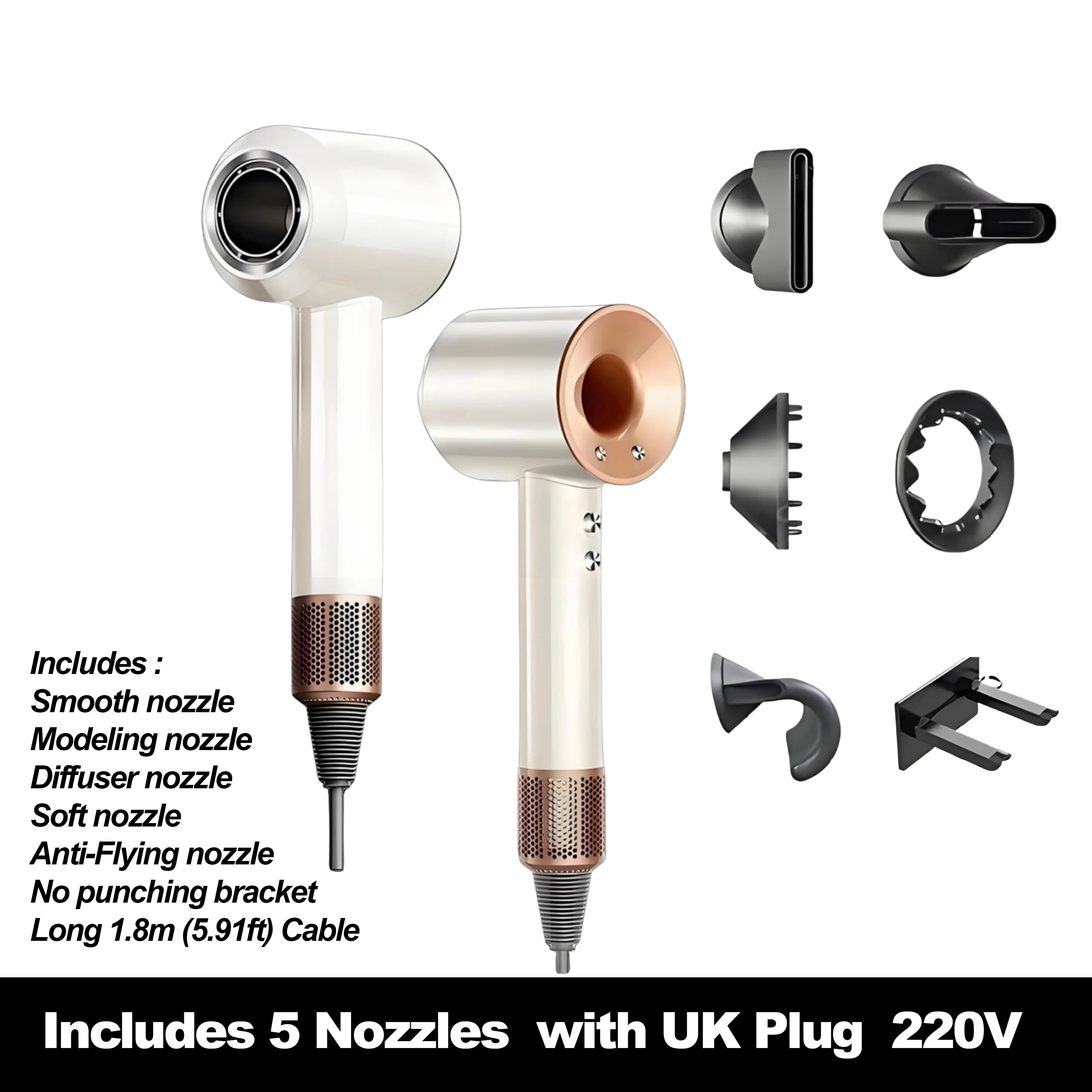 White & gold high-speed ionic hair dryer with 5 magnetic styling nozzles and wall bracket for professional salon care.