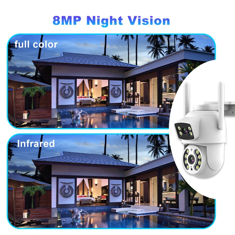 8MP 4K Dual Lens with Dual Screen PTZ Wifi Camera Ai Human Detect Auto Tracking Wireless Outdoor Surveillance Camera iCSee App