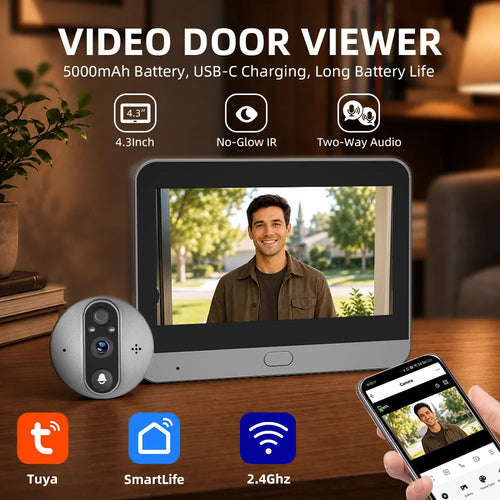 Wi‑Fi video door viewer kit with round peephole camera, monitor screen, and phone app control