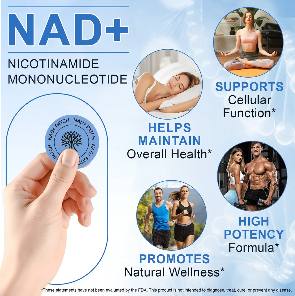 Round, blue NAD+ patch held by hand, designed for cellular health, wellness, and fitness support.