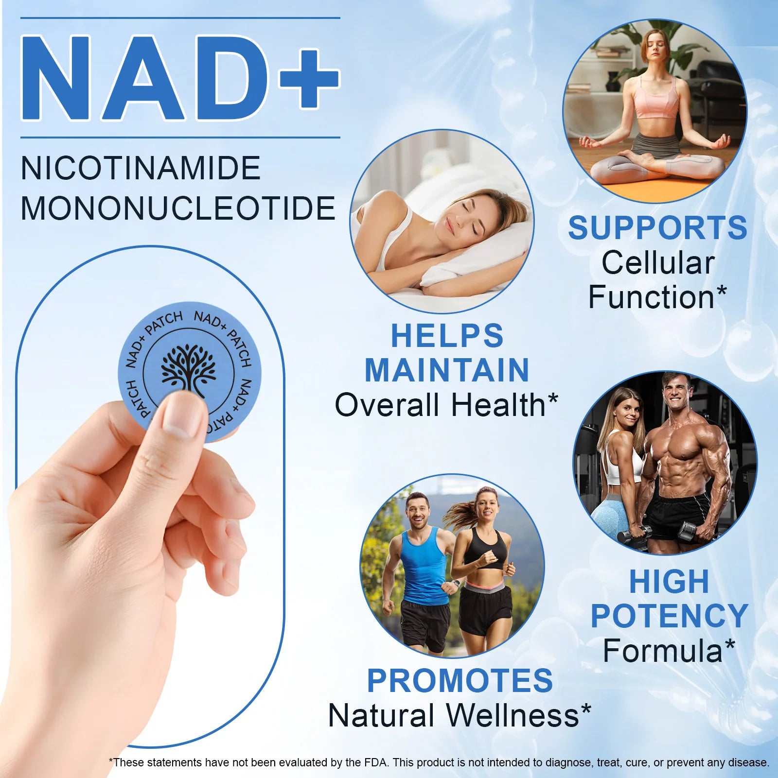Round, blue NAD+ patch held by hand, designed for cellular health, wellness, and fitness support.