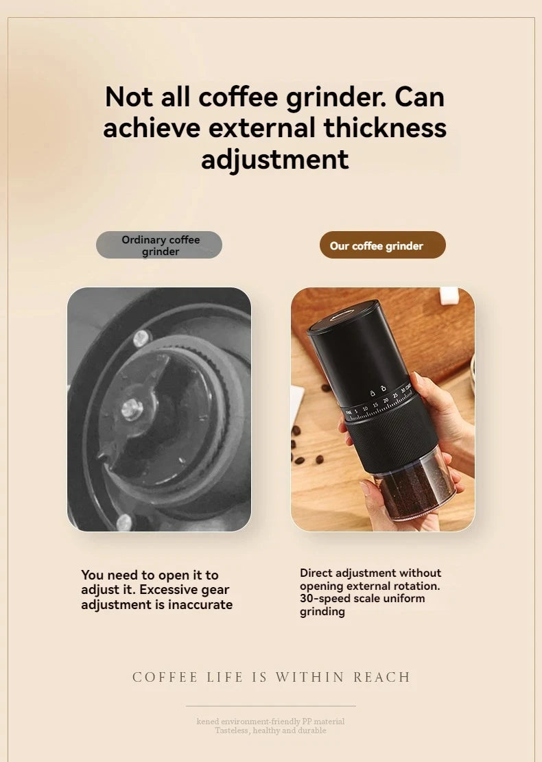 Kened manual coffee grinder with black exterior, 30-speed external thickness adjustment, and durable PP material.