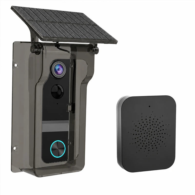 Outdoor wireless video doorbell with gray solar rain cover and black indoor chime