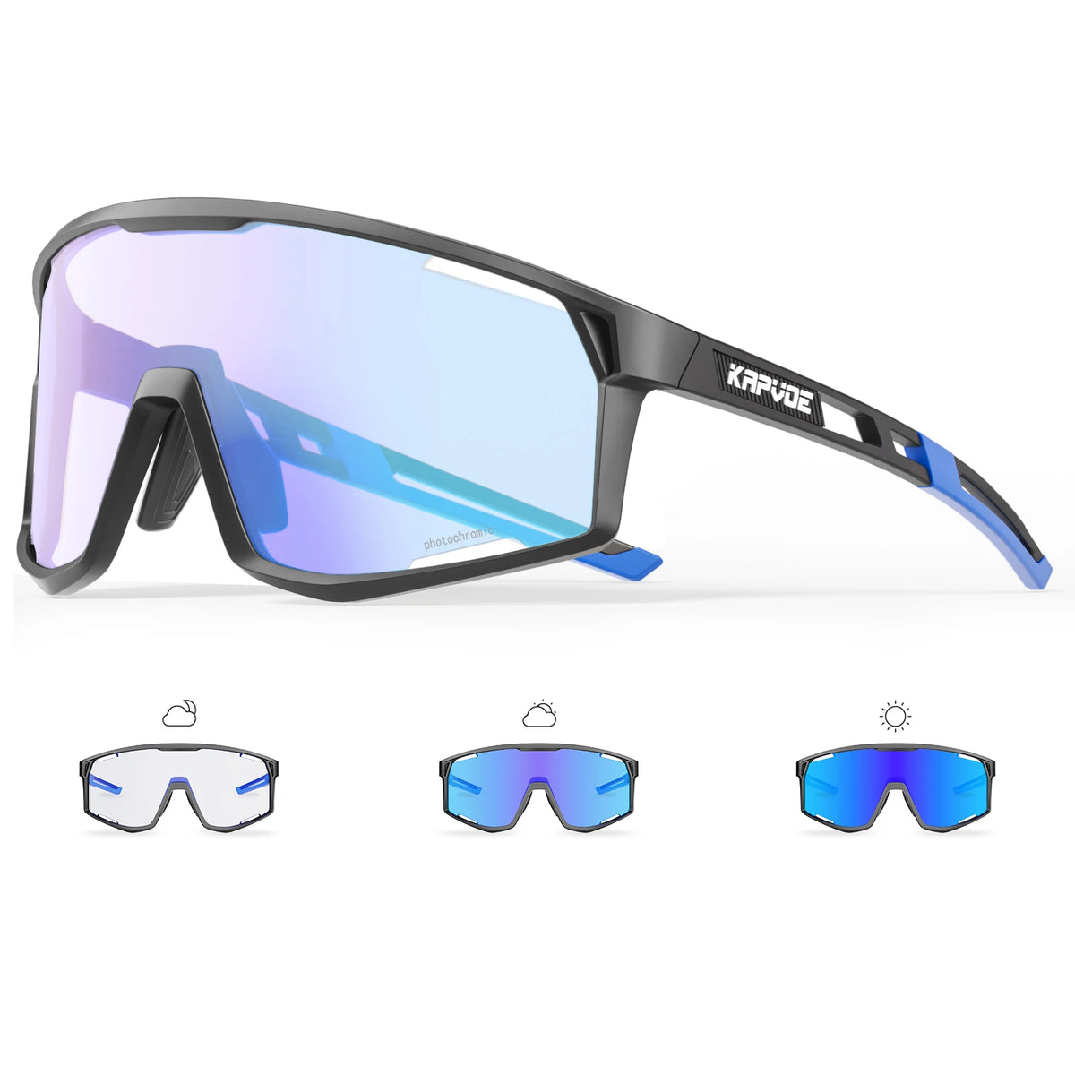 KAPVOE photochromic cycling sunglasses with black frame and blue mirrored lens.