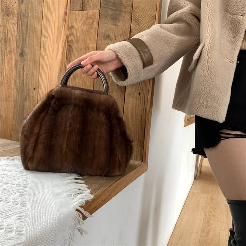 Women's Mink Fur Handbag 2026 New Fashion Designer Fluffy Fur Wrist Bag Large Capacity Soft Shopping Bag Girl Cute Handbag