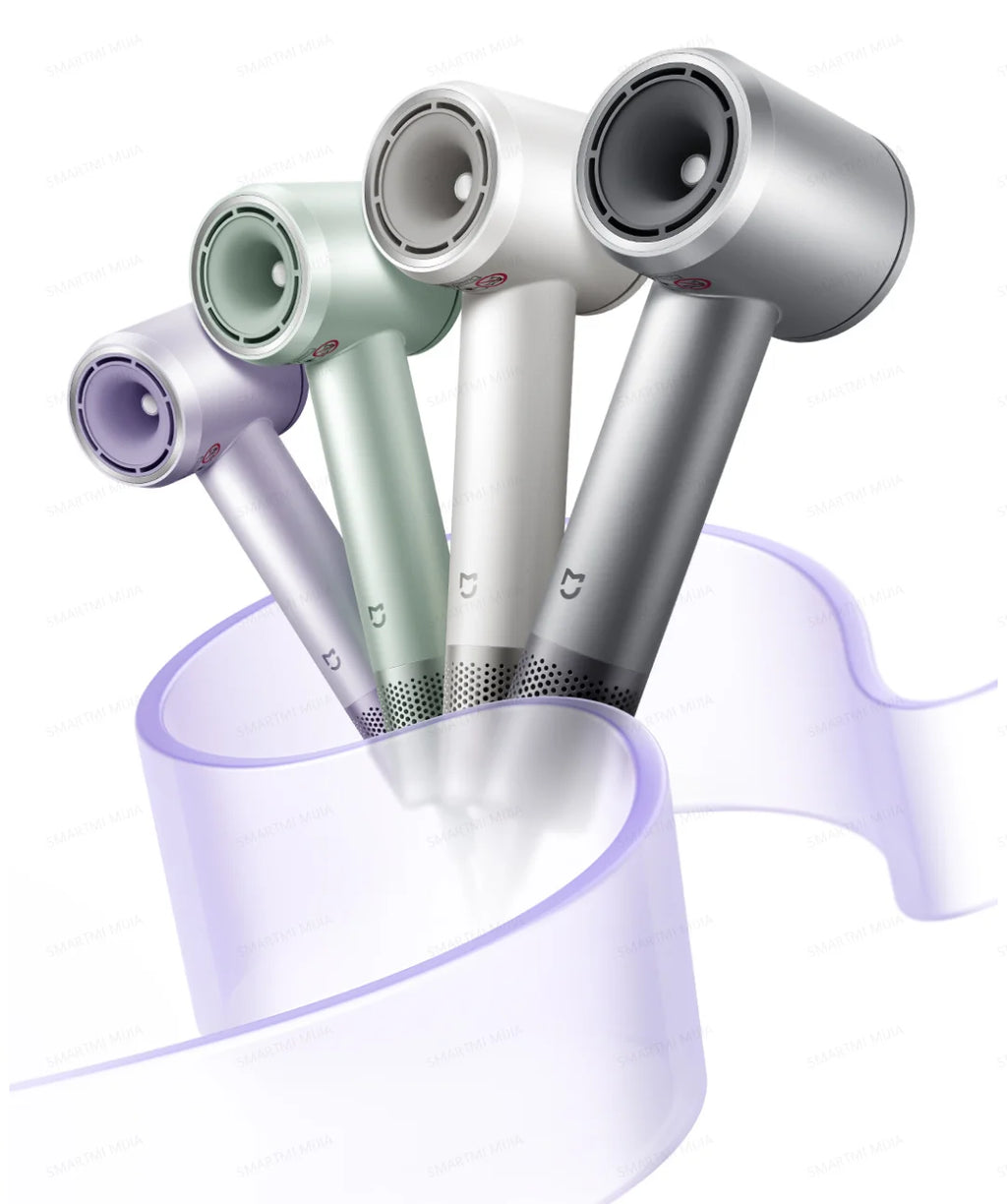 Four MIJIA High-Speed Hair Dryer Pro units in purple, green, white, and silver with sleek, ergonomic design.