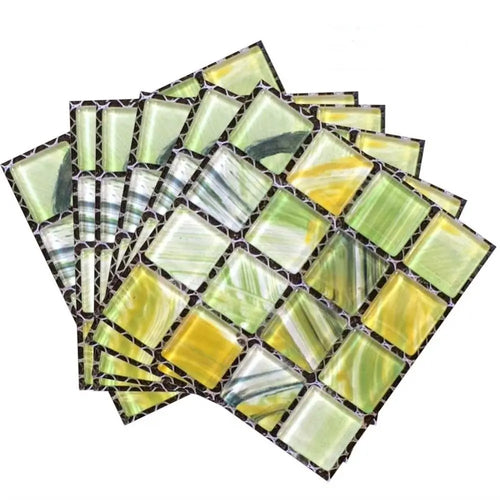 Self-adhesive 3D mosaic tile wall sticker set, metallic green and yellow square tiles.