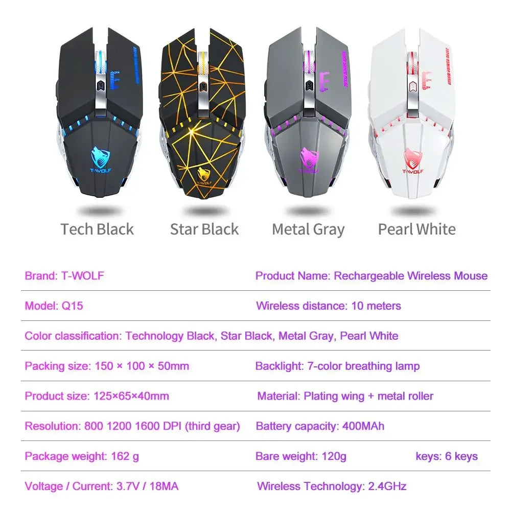 T-WOLF Thunderwolf Q15 Rechargeable Wireless Mouse RGB Glow Game Office Silent Laptop 2.4g Rechargeable Wireless Mouse