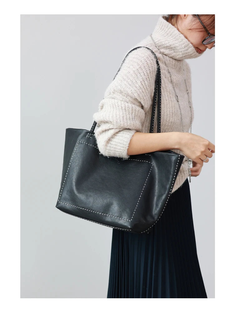 Women Large Capacity Genuine Leather Tote Soft Shoulder Bag