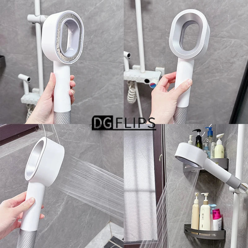 Wall-mounted shower head filter with cartridge element, white, held by hand