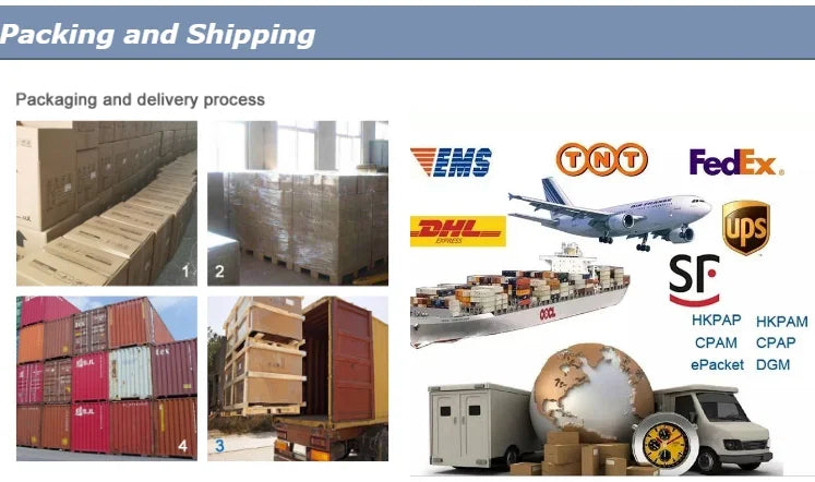 Packaging and shipping logistics for anti-aging LDM face lifting beauty machine with global delivery carrier logos.