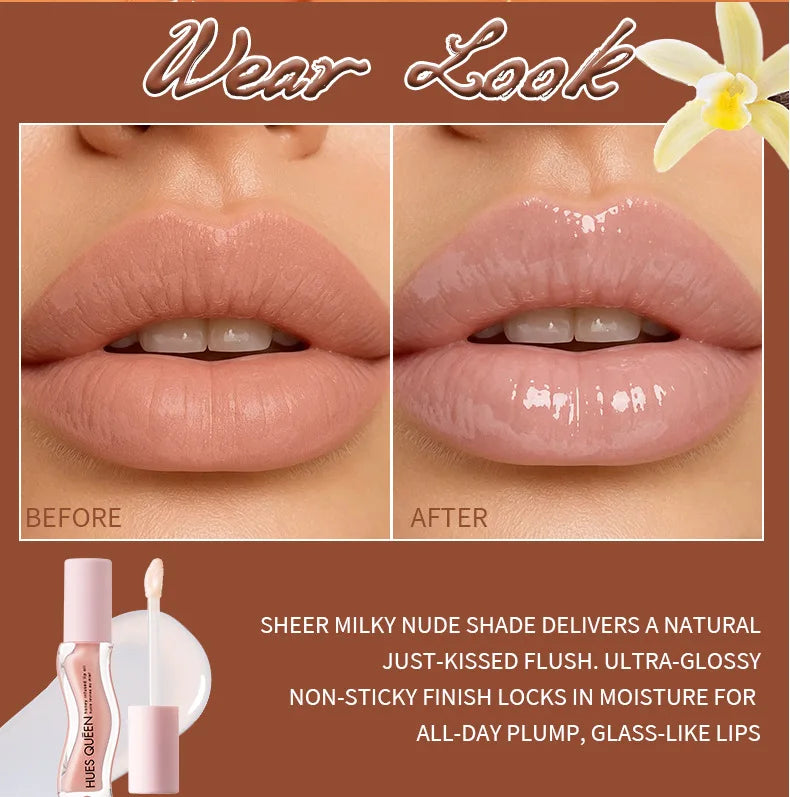 Before and after comparison of hydrating milky nude lip gloss for a high-shine, plumping, non-sticky makeup finish.