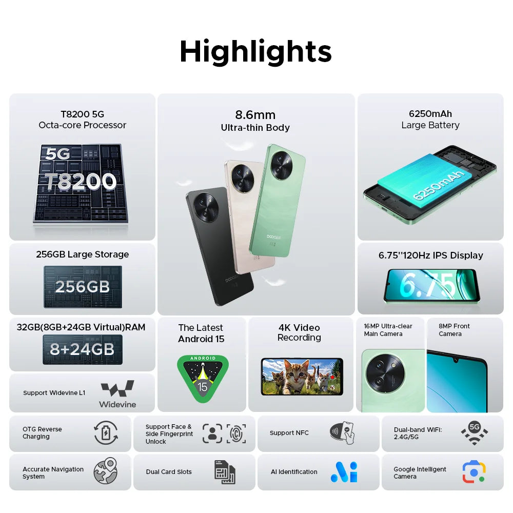DOOGEE Note59 Pro 5G Smartphone, 8GB+256GB, 6.75 Inch Android 15 AE Tidesmit