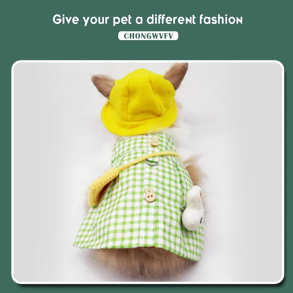 Cute bunny rabbit dress harness set with yellow hat, green plaid vest, and bag for stylish outdoor walks.