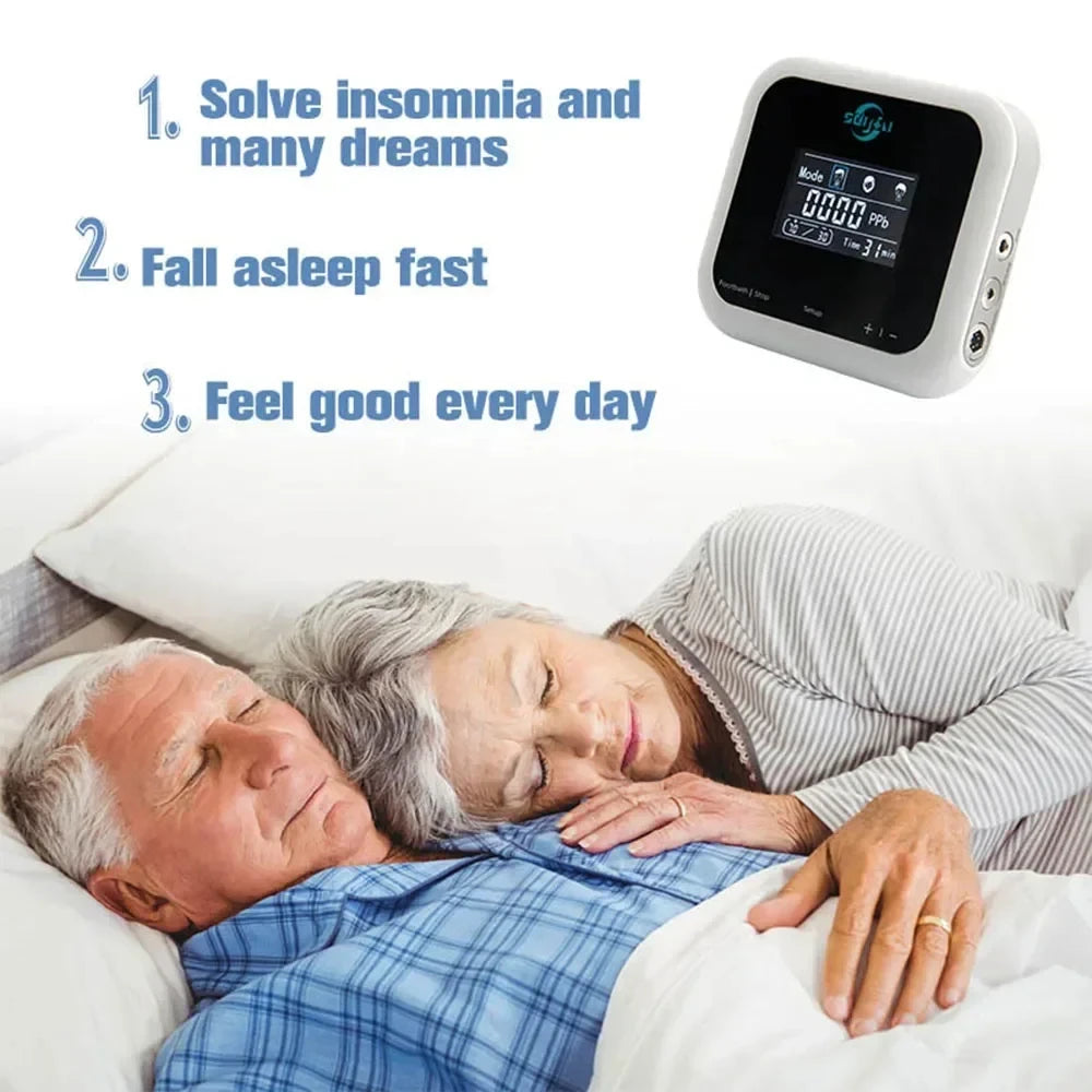 Ionic foot spa detox machine for health therapy with digital display, shown with an elderly couple sleeping soundly.