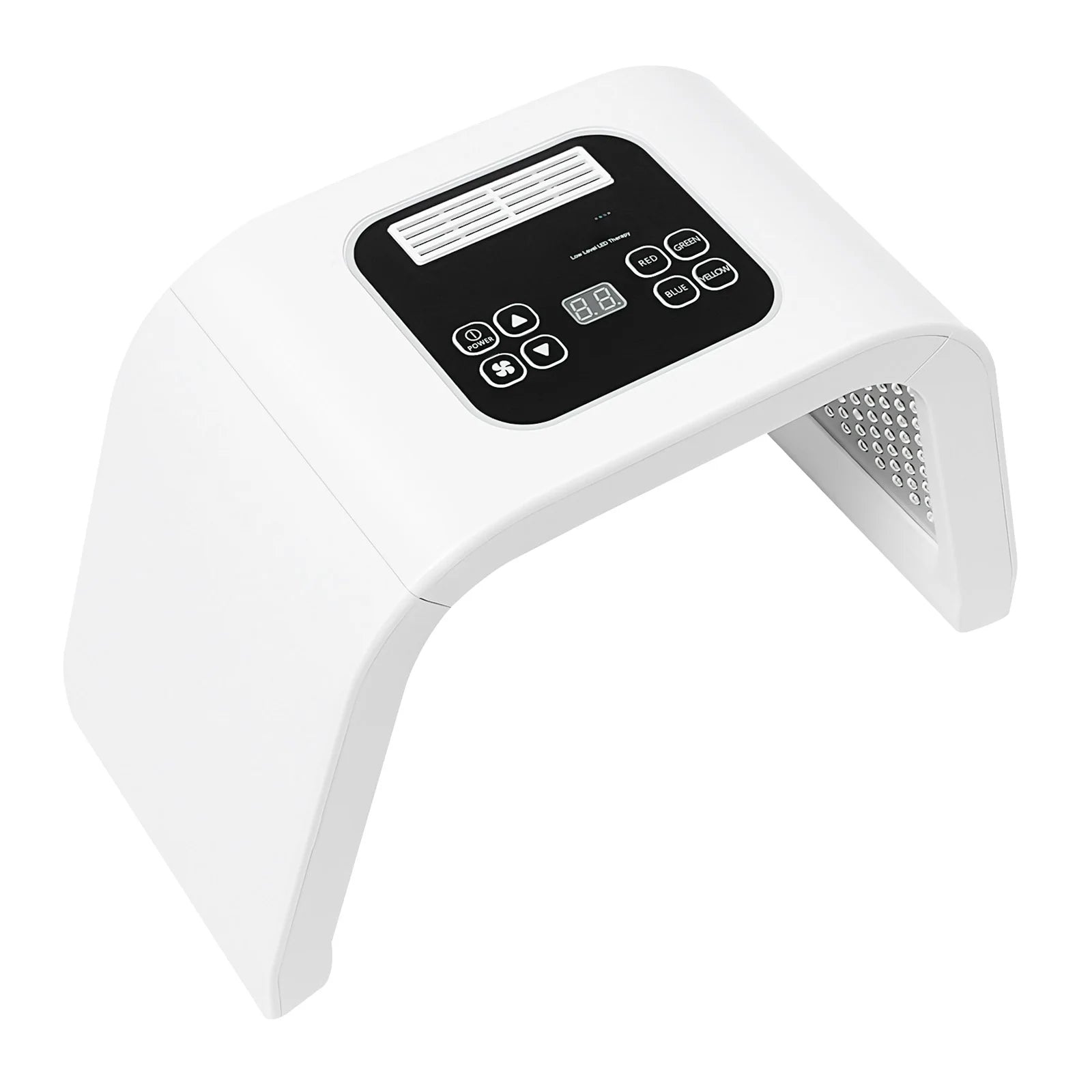 White arched LED light therapy lamp with a digital control panel for multi-color skincare treatment.