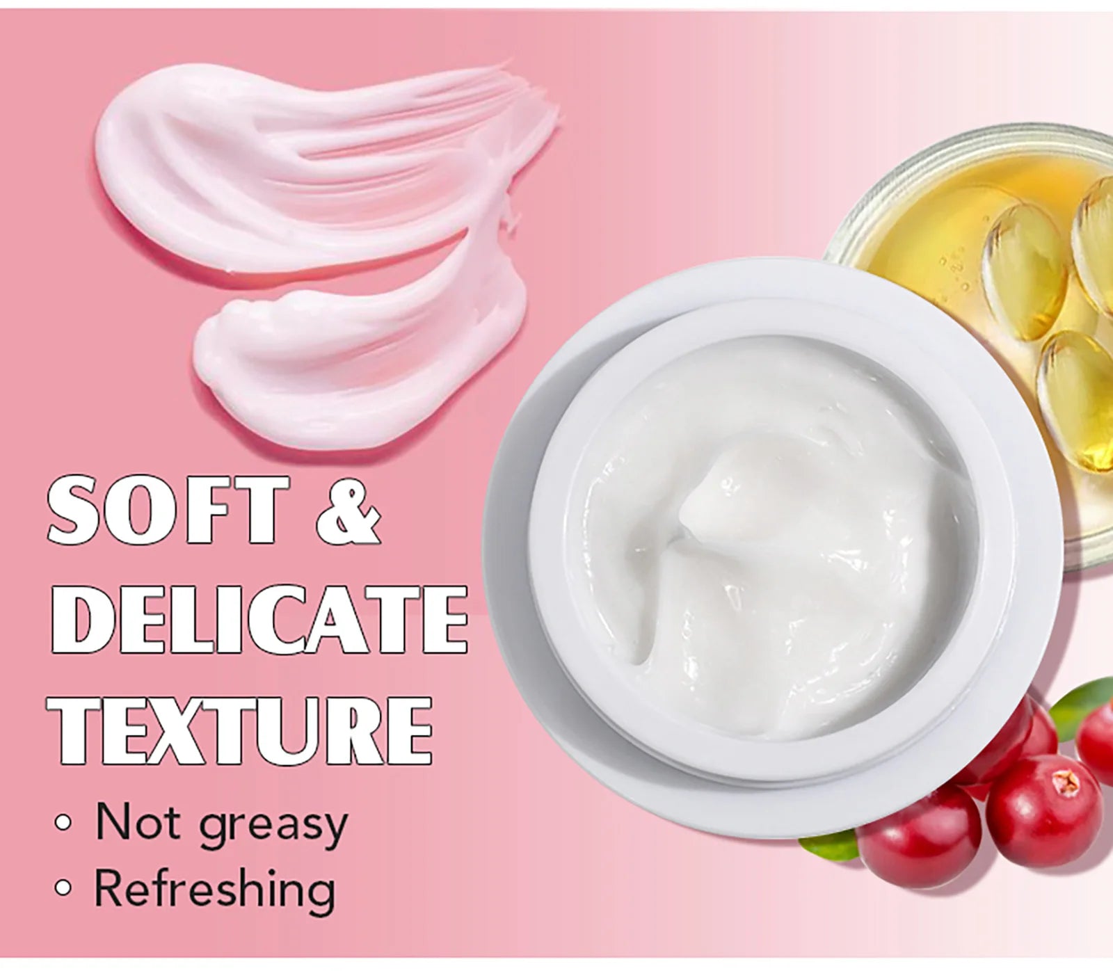 White face cream in a round jar, next to pink cream swirls, yellow oil capsules, and fresh cranberries on pink