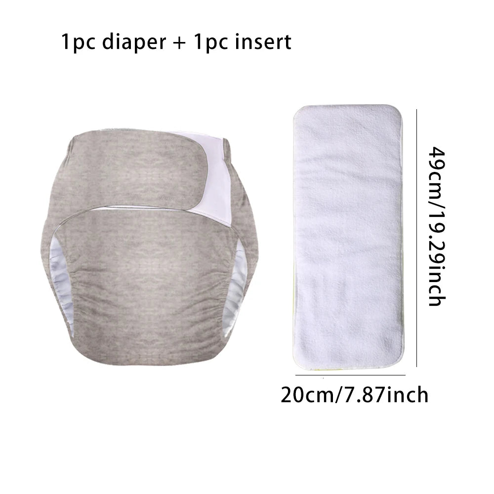 Reusable cloth diaper set with 1pc diaper and 1pc absorbent insert, gray print design, baby care essential.