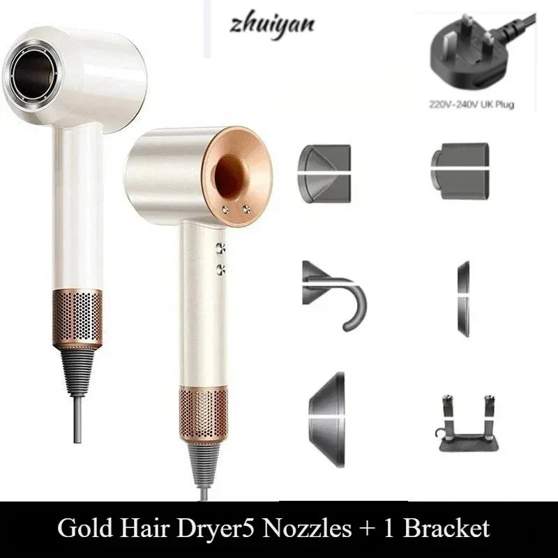 Professional gold leafless ionic hair dryer with 5 nozzles and wall-mount bracket for salon-quality drying at home.