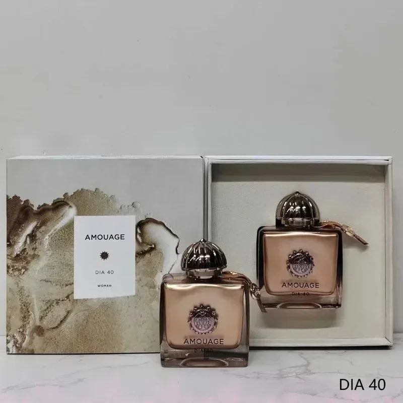 Amouage Dia 40 Woman luxury floral chypre perfume in square glass bottle with metallic dome cap and signature gift box.