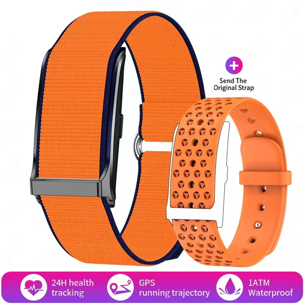 Digital smartwatch with orange fabric strap and orange perforated silicone band