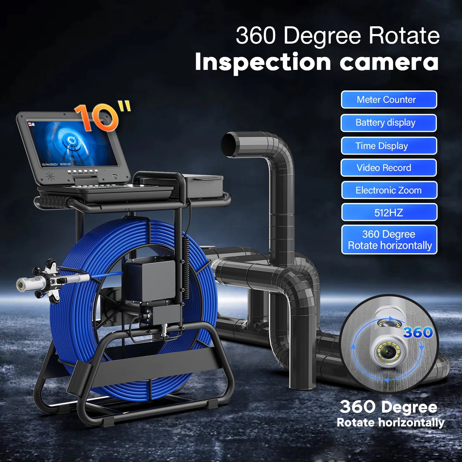 Sewer Camera Inspection 360 Degrees 10″inch IPS+Cable Diameter ø7mm+512HZ Transmitter Locator+Meter Counter+Keyboard