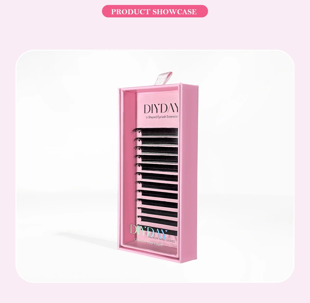 DIYDAY U-shaped YY eyelash extensions in a light pink sliding box, featuring premium black soft mink lash strips.